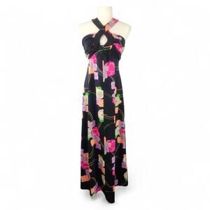 70s Vtg Black Disco Glam Psychedelic Floral Halter Maxi Dress SMALL Union Made